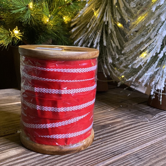 Pottery Barn Wooden Spool of Red and White Grosgrain Ribbon - Picture 7 of 16